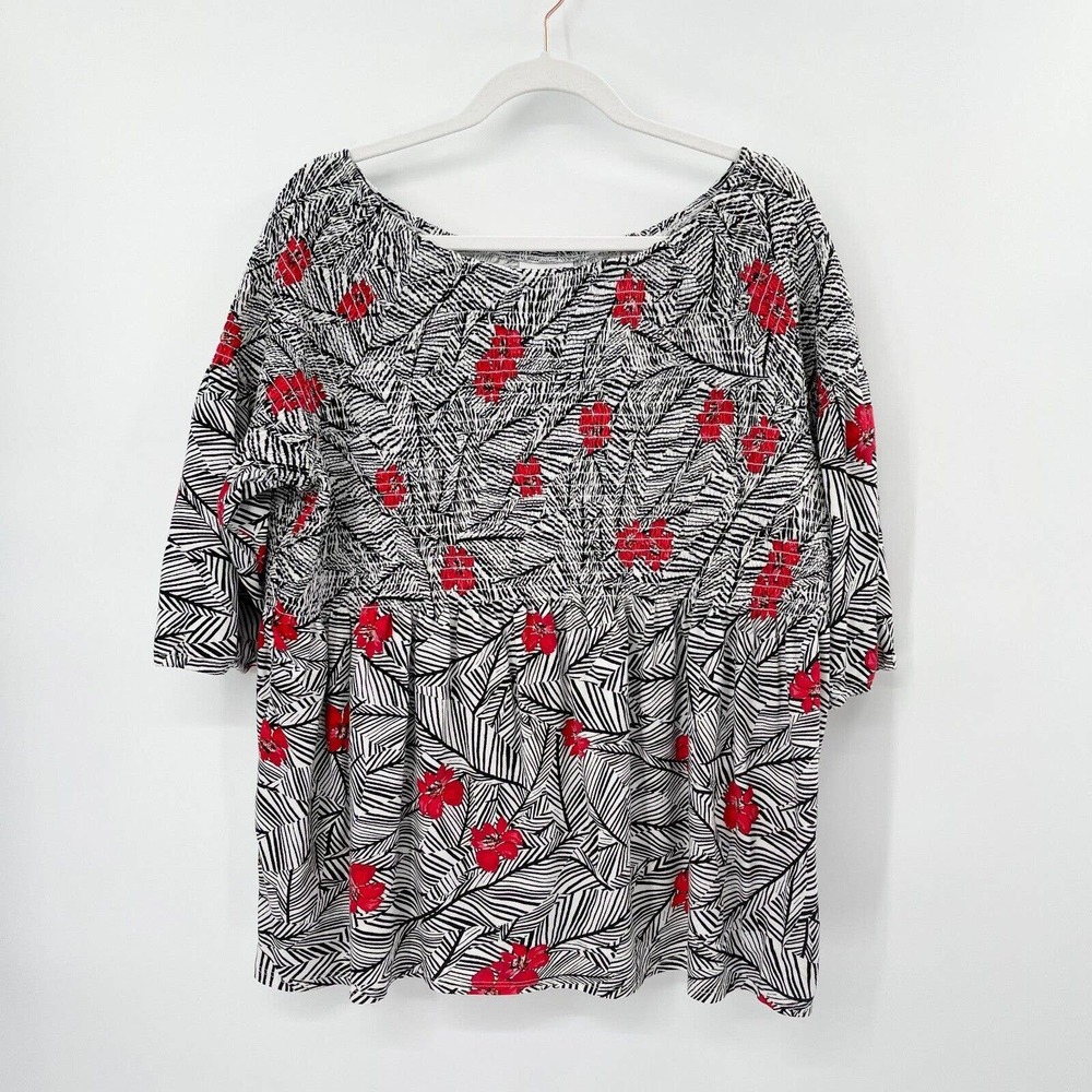 J. Jill Floral Print Smocked Tunic‎ Blouse Size 1X 3/4 Sleeve Stretch Cotton